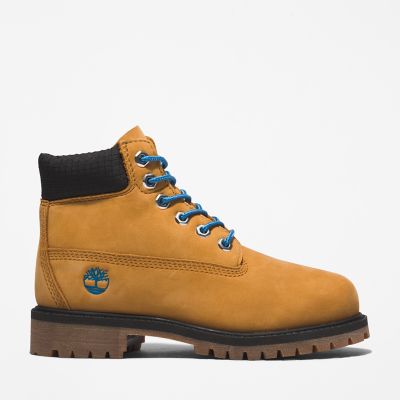 Timberland Premium 6 Inch Boot For Youth In Yellow/navy Light Brown Kids, Size 2.5