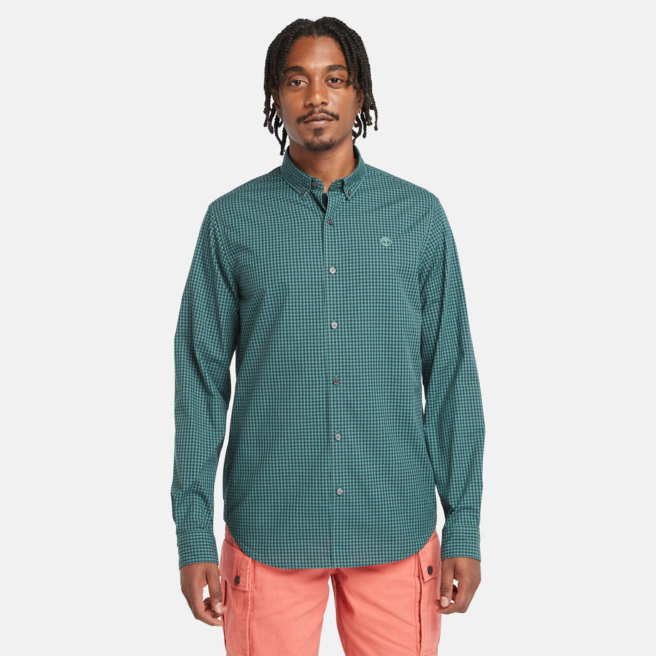 Timberland Micro-gingham Poplin Shirt For Men In Teal Teal, Size L