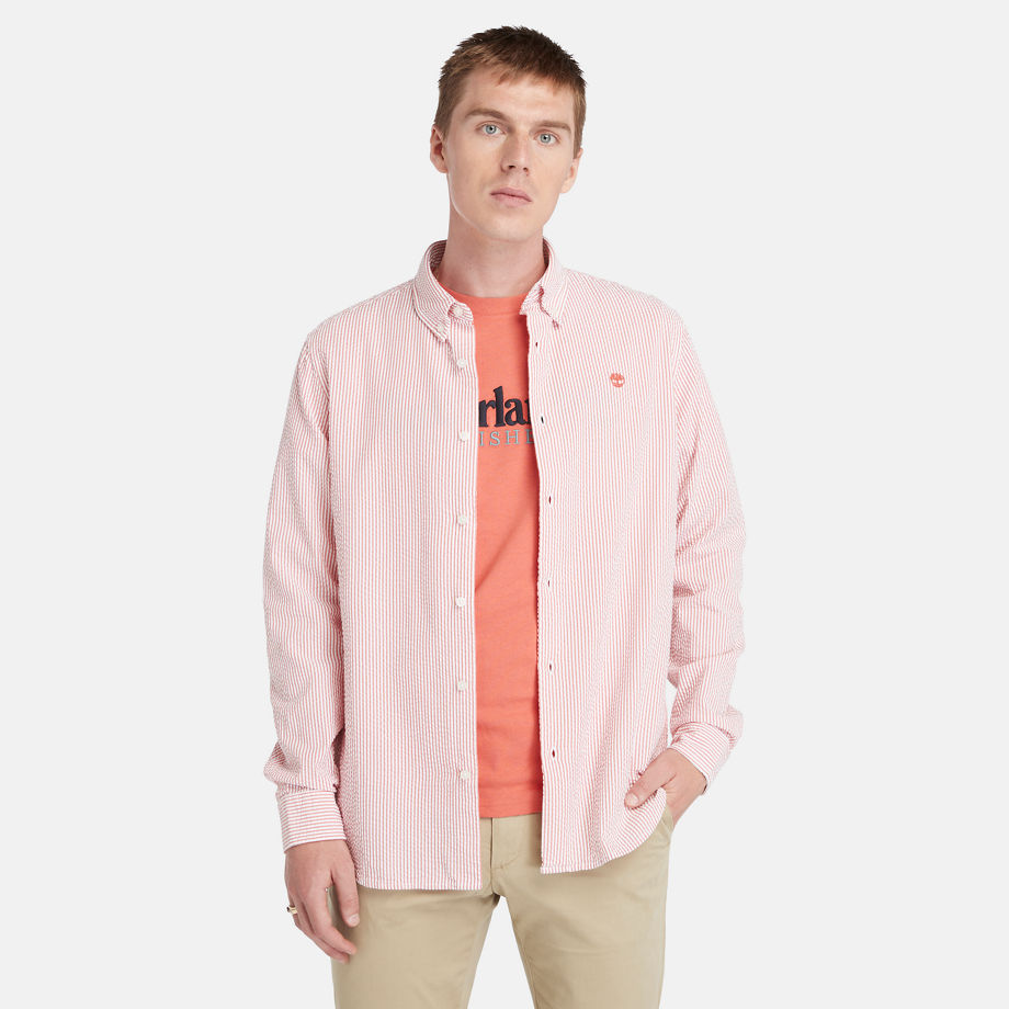 Timberland Striped Seersucker Shirt For Men In Pink Pink, Size M