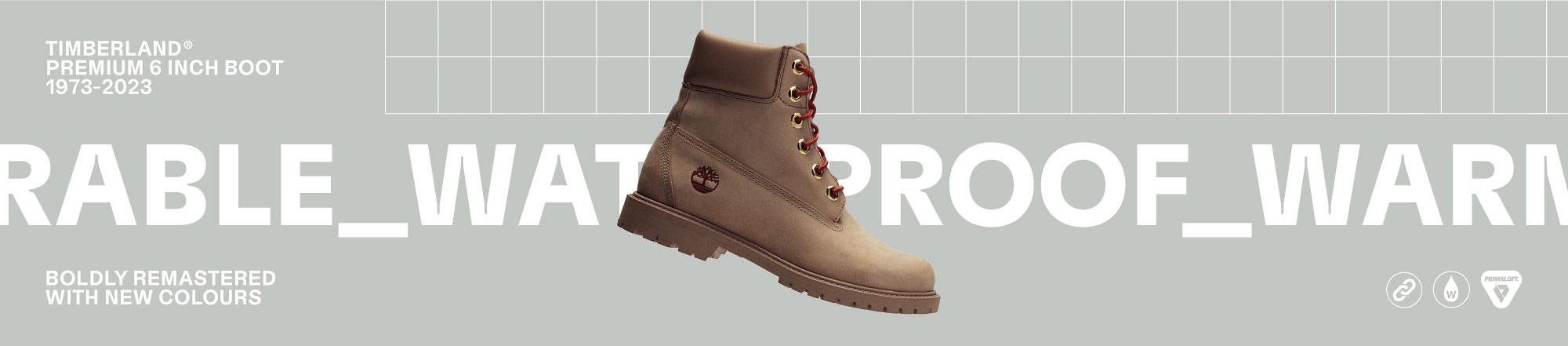Image of a Timberland Premium 6 Inch Boot in a light gold color with gold eyelets and red laces. Text behind the boot says Timberland Premium 6 Inch Boot 1973 - 2023. Additional text reads: 'Durable', 'Waterproof', 'Warm', 'Boldly Remastered with New Colors'