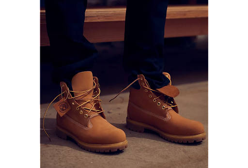 Image shows the Timberland Original Yellow Boots in Action.
