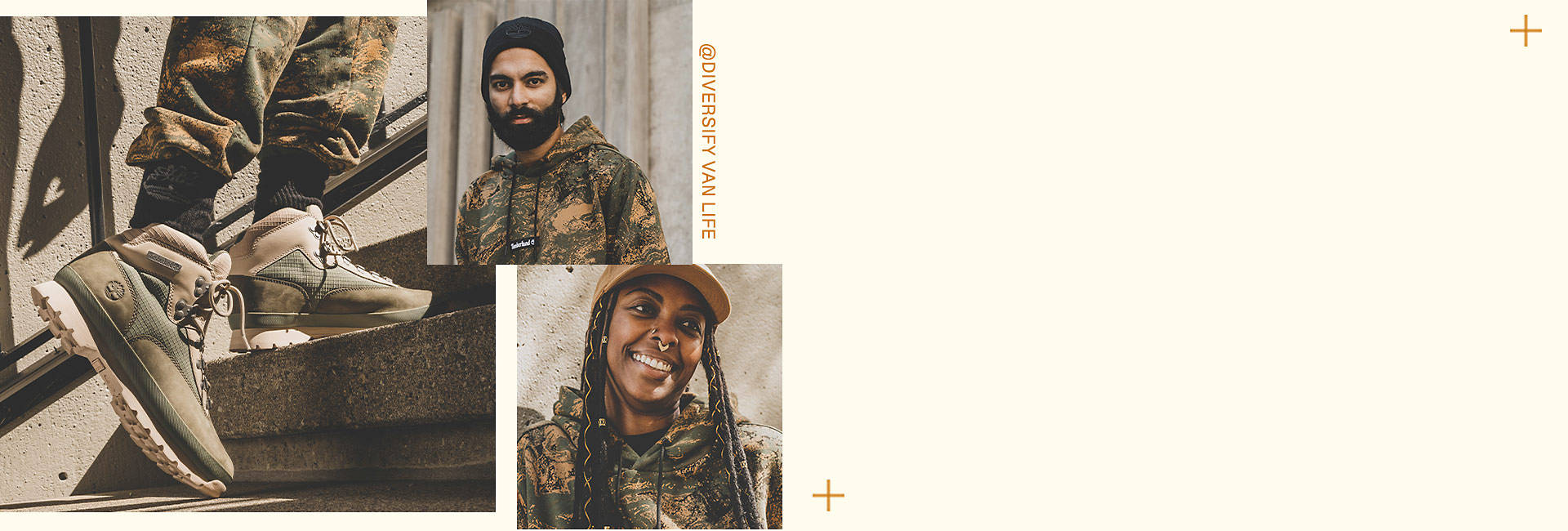 Image collage of a pair of olive green hikers going up a pair of concrete steps, plus a man and women in camo and Timberland hats.