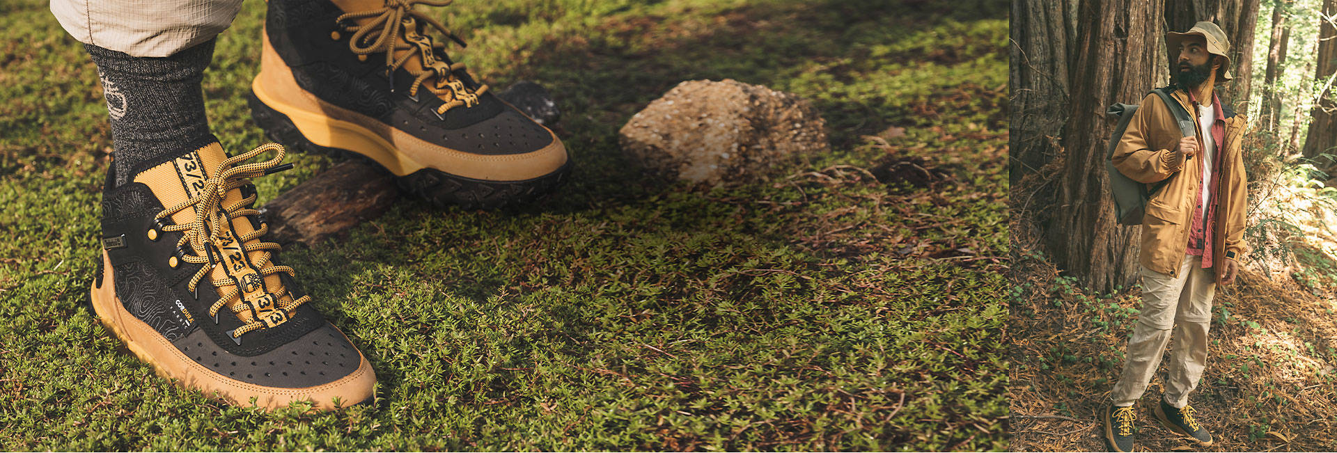 Image of a closeup pair of wheat and black low hiking shoes with perforated tops and bungee lacing, standing on a patch of green moss.