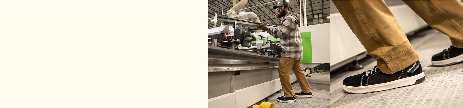 Image of a man working in a manufacturing plant in safety goggles, a plaid hoodie, brown work pants and black skater-inspired TIMBERLAND PRO® GREENSTRIDE™ BERKLEY COMP-TOE OXFORD SHOES with white stitching. 