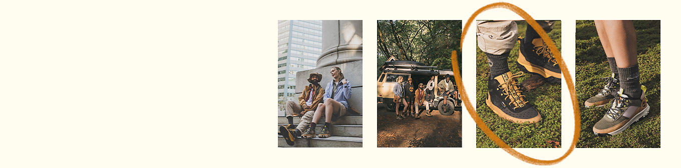 Four separate images: one of a man and woman sitting on city steps against a large concrete pillar, wearing Timberland wheat and black hikers; one of a group of friends in the woods wearing Timberland clothes and posing by a van; one of a closeup of a pair of black and wheat colored men's sporty hikers and one of a pair of women's low hikers in olive green, wheat and light grey.