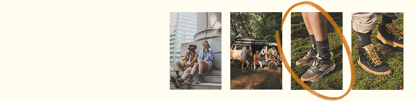 Four separate images: one of a man and woman sitting on city steps against a large concrete pillar, wearing Timberland wheat and black hikers; one of a group of friends in the woods wearing Timberland clothes and posing by a van; one of a pair of women's low hikers in olive green, wheat and light grey and one of a closeup of a pair of black and wheat colored men's sporty hikers and one of a pair of women's low hikers in olive green, wheat and light grey.