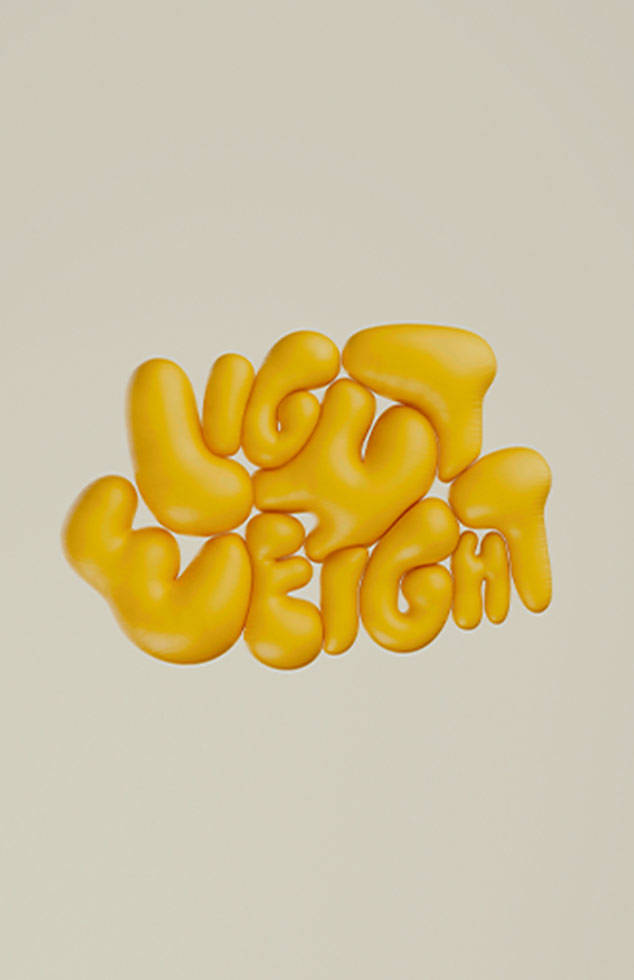 Image of the word "lightweight" in yellow balloon letter style in what looks like a foam material.