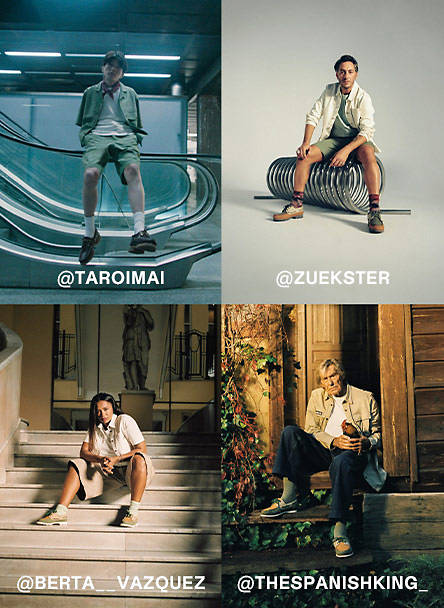 Four separate images of people seated in various settings wearing Timberland boat shoes: @TAROIMAI - A man in Timberland clothing and boat shoes sitting on the railing at the bottom of an escalator; @ZUEKSTER - A man in Timberland clothing and boat shoes seated on a bike rack of coiled metal; @BERTA__VAZQUEZ - A woman in Timberland clothing and boat shoes seated on the steps of a building; @THESPANISHKING_ - A man wearing Timberland clothing and boat shoes sitting in the doorway of a wooden building
