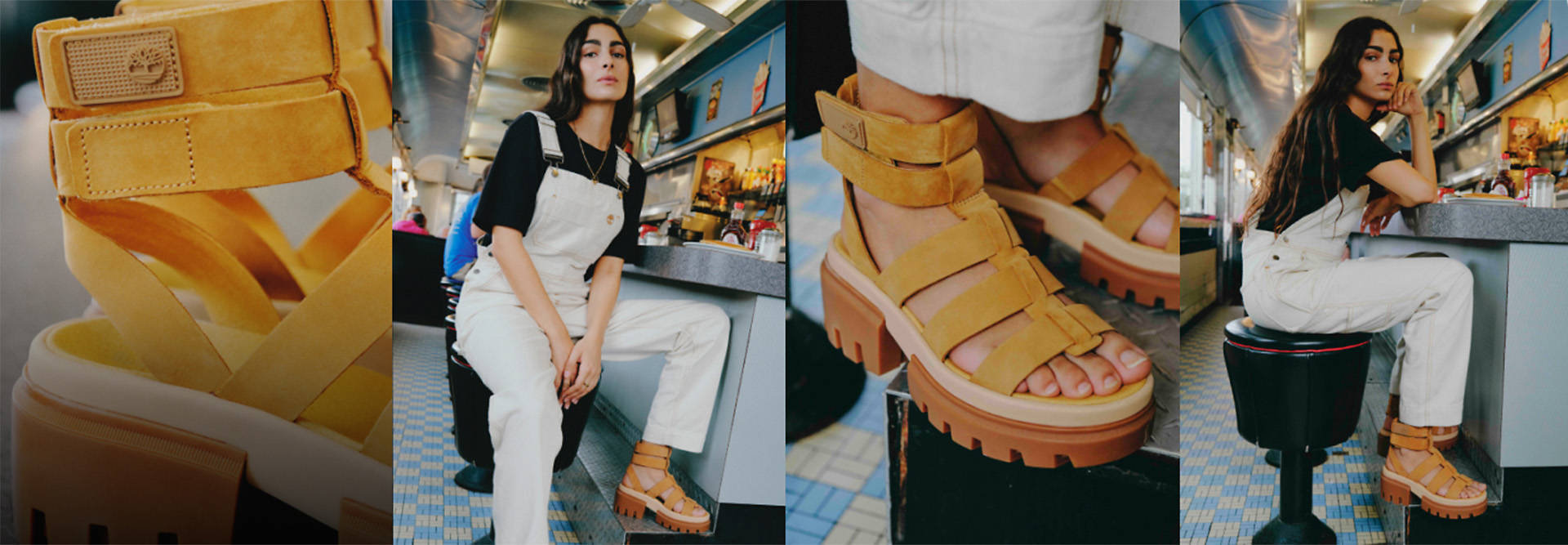 Image collage of a dark-haired young woman in a blue-and-white tiled store, wearing white overalls with a Timberland logo, a dark blue t-shirt and brown platform leather sandals.