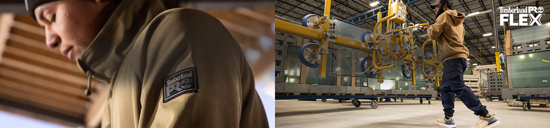 Images of two warehouse workers wearing brown Timberland work jacket and hoodie, and black Timberland work jogger pants, working with machinery and wearing gray and white Timberland work sneakers.