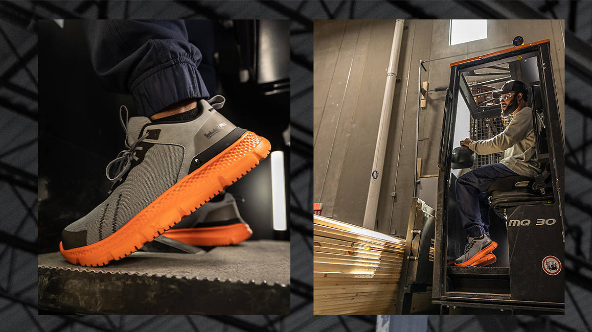 Image collage showing to photos. Image one is a close up image of an gray Timberland work sneaker with orange soles which shows its thick soles and treads. Image two is of a warehouse worker using heavy machinery, wearing a tan Timberland long sleeve shirt, dark blue Timberland jogger work pants and gray Timberland work sneakers with orange soles.