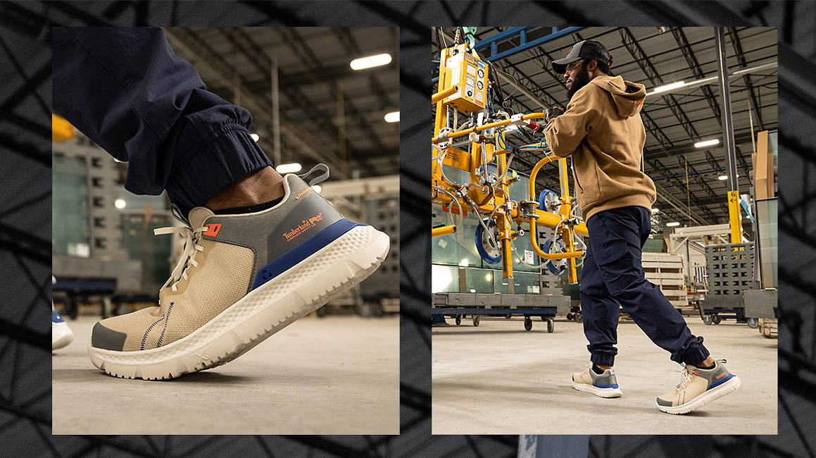 Image of a warehouse worker using heavy machinery, wearing a brown Timberland hoodie, dark blue Timberland jogger work pants and gray/white Timberland work shoes.
