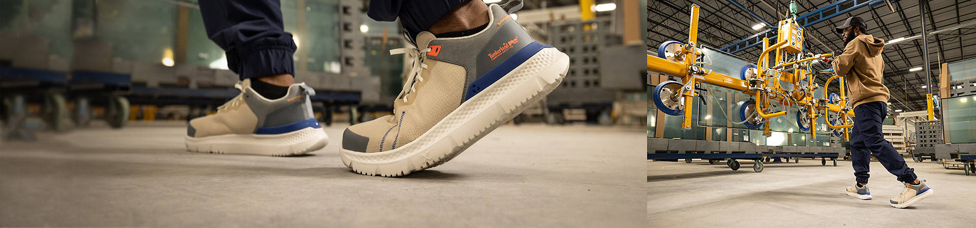 Image collage of warehouse workers on concrete, with a closeup image of an off-white and gray Timberland work sneaker which shows its thick soles and treads.