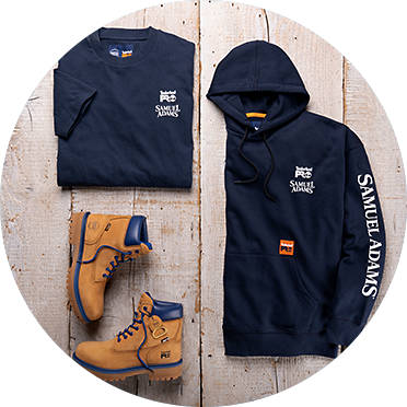 Timberland PRO X Samuel Adams Shirt, Sweatshirt and boots on wood plank floor