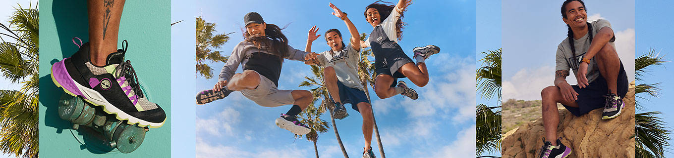 Timberland: 3 people jumping and wearing Timberland clothes and shoes