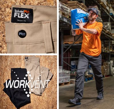 Image of a man in PRO blue t-shirt, grey work shoes and rugged tan work pants, hauling a load of concrete through a warehouse. Second image is of two pairs of pants showing tough stitching and a closeup of the pockets.