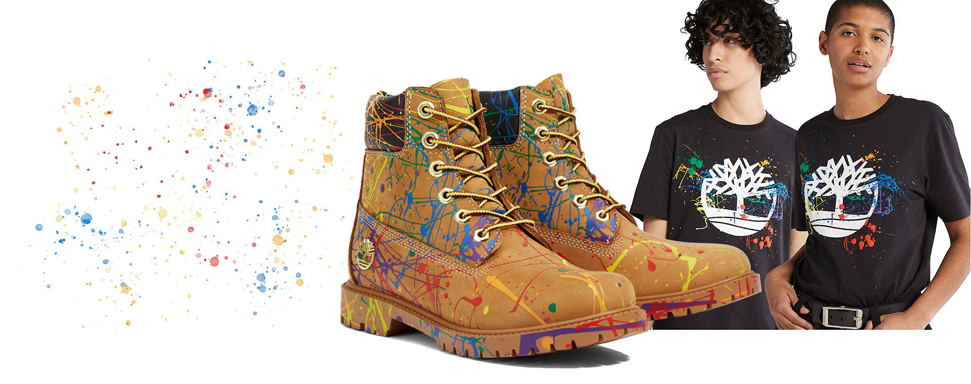 Image of wheat boots with multicolor splatter paint designs against a white background and two male models wearing black splatter paint t-shirts with Timberland logos.