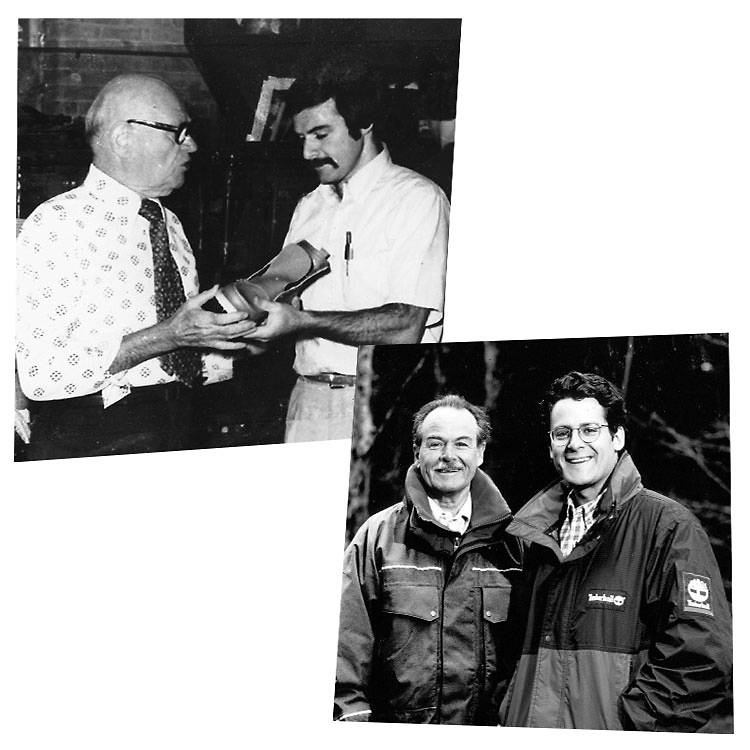 In black and white: One of Timberland founder Nathan Swartz and his son Sidney, and one of Sidney and his young-20s son Jeff, wearing Timberland jackets.