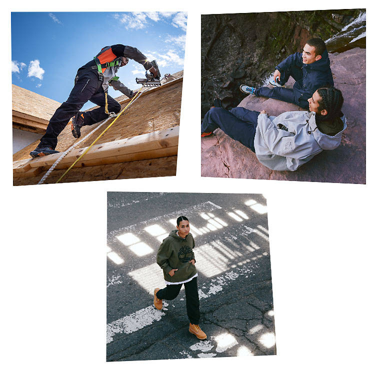 A man wearing Timberland workwear working on a roof under a blue sky. Two young men in hiking boots sitting on a rock ledge and talking. A woman in green Timberland sweatshirt walking across the street.