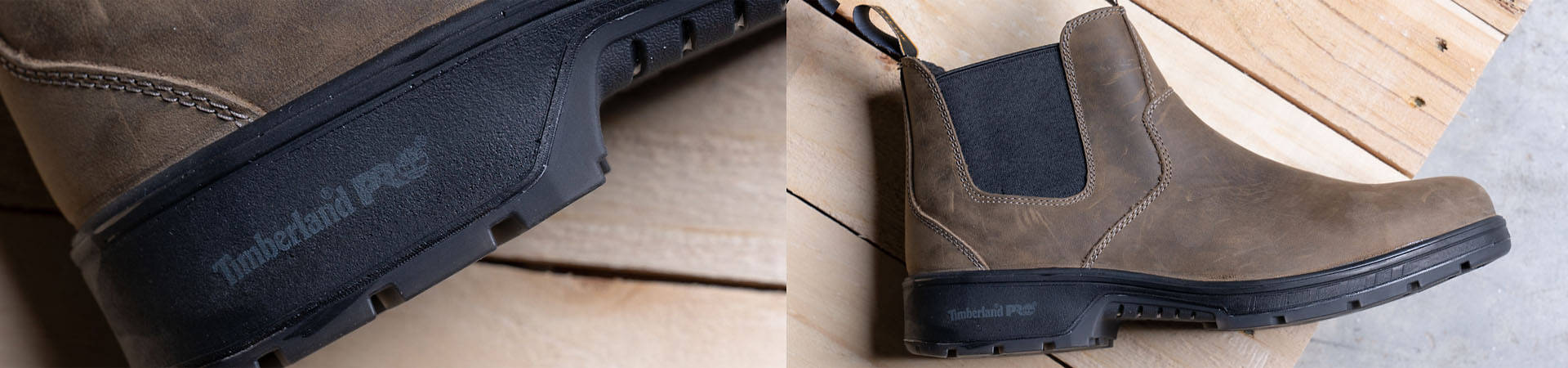 Image of a single pull-on low-top brown work boot on its side on some wooden boards; boot features pull tabs and stretchy black goring panels.