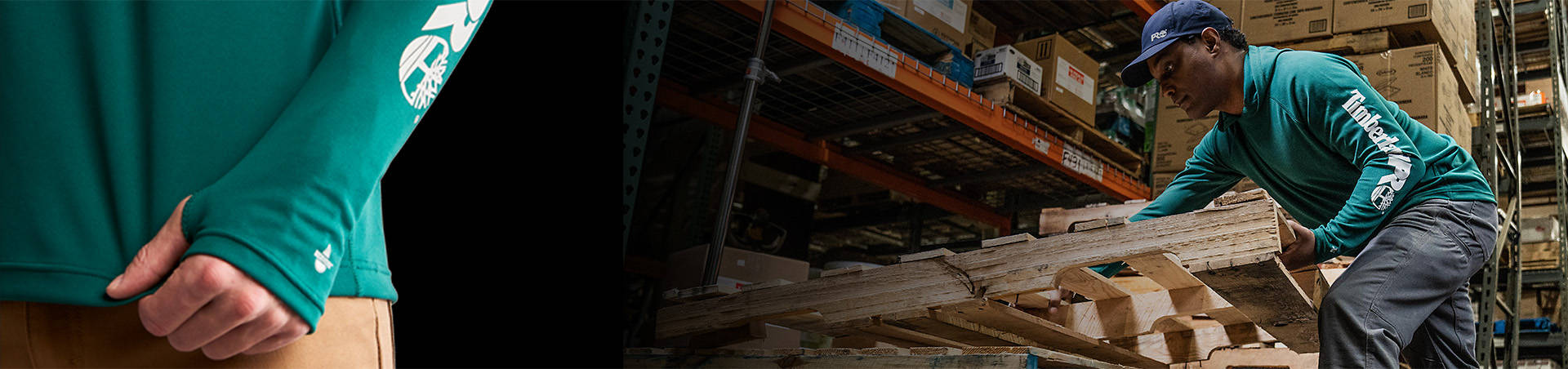 Image of a man in a lumber warehouse stacking pallets, with a lightweight blue Timberland logo hoodie, gray work pants and black work shoes.
