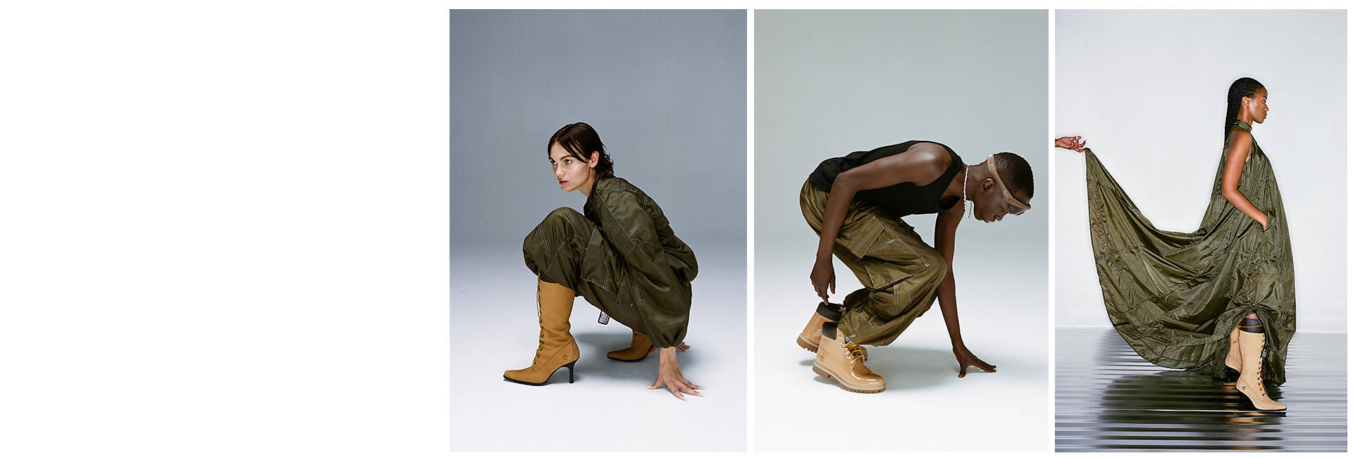 Image of women and men in tan Timberland boots with olive green and black clothing.