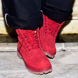 red and white timberland boots