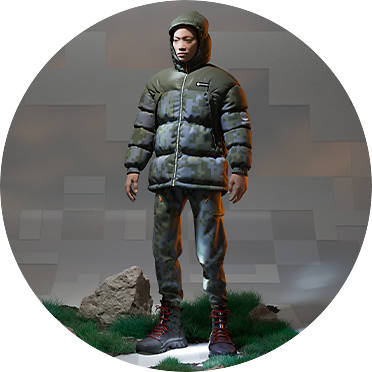 Mannequin type model wearing green camouflage clothing and Timberland X Raeburn boots