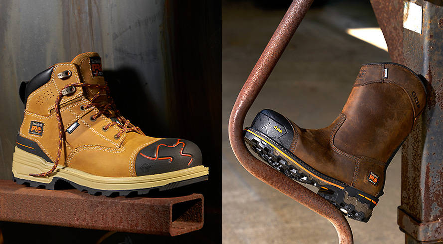 Split image of a wheat work boot and a brown pull-on work boot, both with black rubber toe caps.