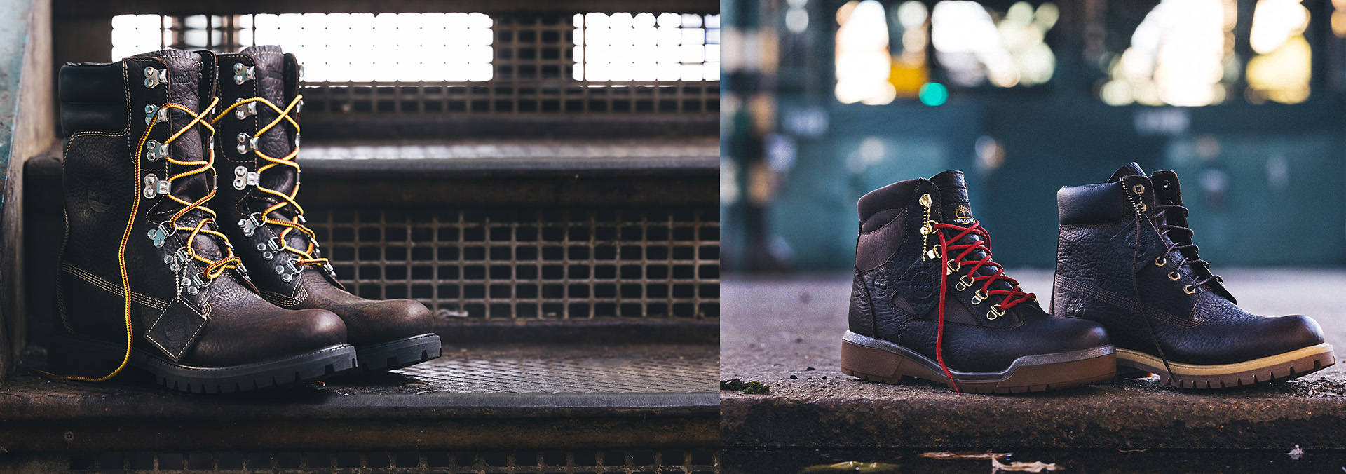 Split image - the left image is of the Timberland Super Boots on a subway platform. The right image is of the Timberland Field Boot and 6-Inch Premium Boot on top of a New York City sidewalk.