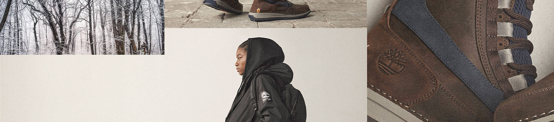Collage of four images - upper-left is an image of trees covered by snow in the winter. Image two is a close up of brown Timberland boots on a city sidewalk. Image three is a close up of the right side of a brown Timberland boot with navy accents. Image four is an image of the left side of a woman with braids in a black Timberland windbreaker with a black Timberland backpack as she looks straight ahead.