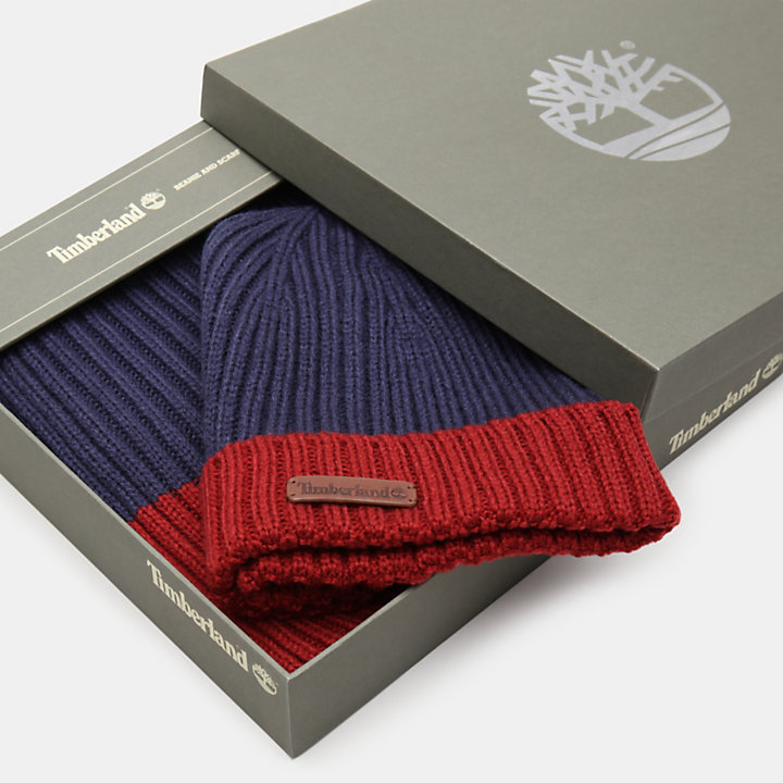 Ribbed Beanie and Scarf Gift Set for Men in Navy-