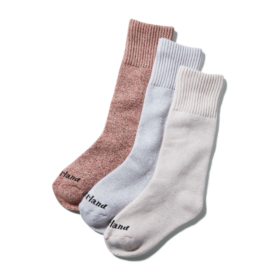 Timberland Three Pair Pack Crew Socks Gift Box For Women In Pink/light Blue/burgundy Pink, Size M