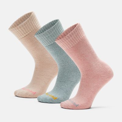 Timberland Three Pair Pack Crew Socks Gift Box For Women In Pink/light Blue/light Pink Pink