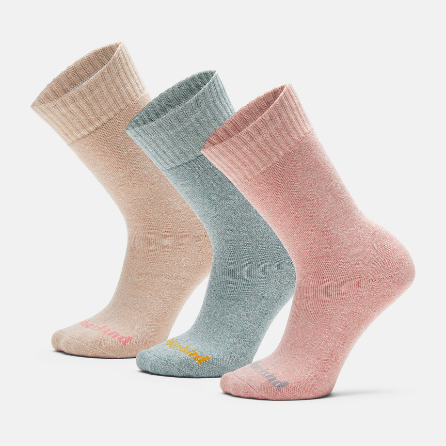 Timberland Three Pair Pack Crew Socks Gift Box For Women In Pink/light Blue/light Pink Pink