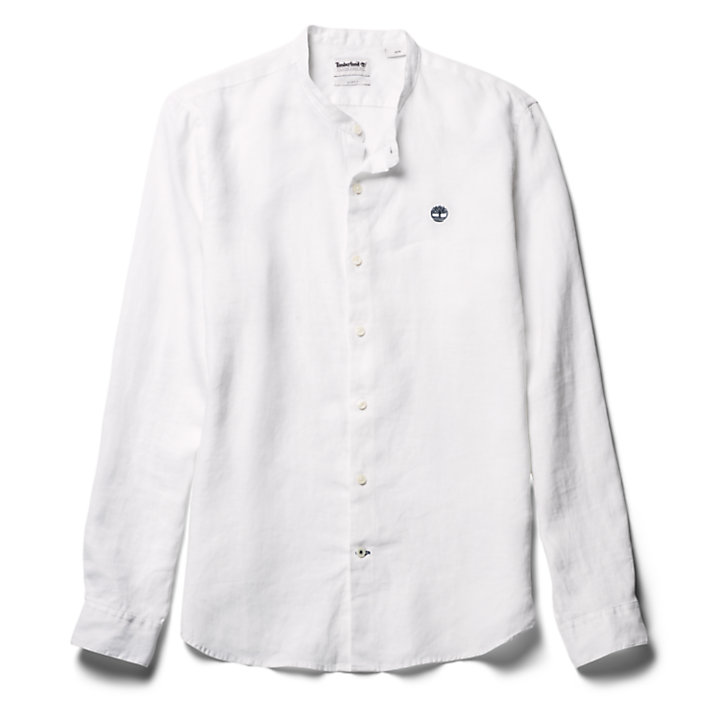 Mill River Linen Korean Collar Shirt for Men in White-