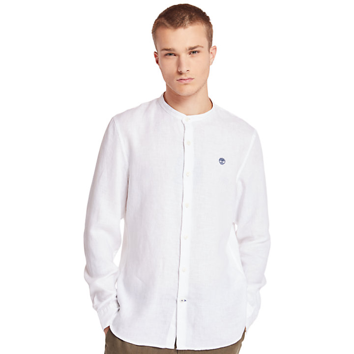 Mill River Linen Korean Collar Shirt for Men in White-