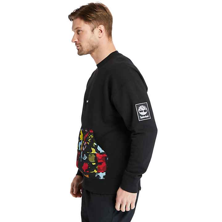 Mixed-Media Print Sweatshirt for Men in Black-