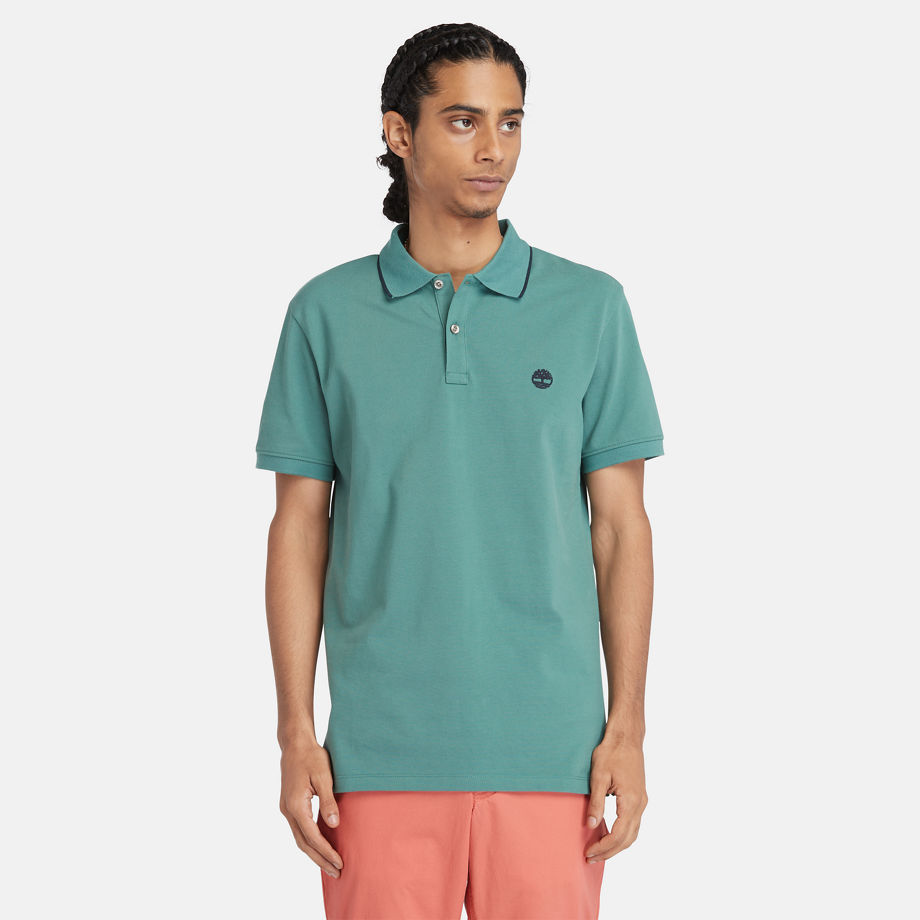 Timberland Millers River Printed Neck Polo Shirt For Men In Sea Pine Blue