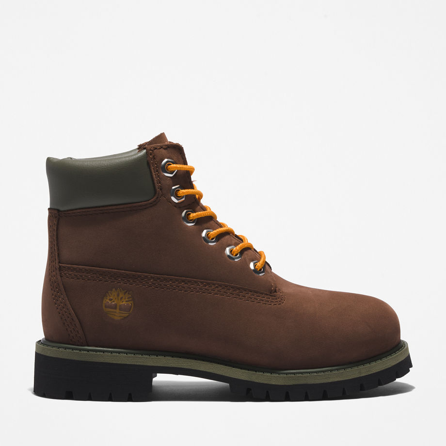 Timberland Premium 6 Inch Boot For Youth In Brown/orange Dark Brown Kids, Size 1