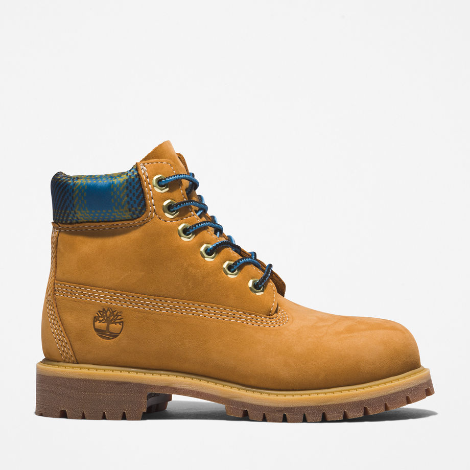Timberland Premium 6 Inch Boot For Youth In Yellow/blue Light Brown Kids, Size 12
