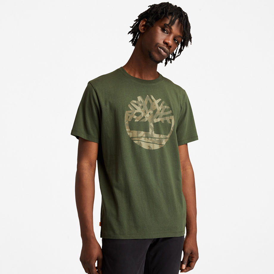 Timberland Camo Logo T-shirt For Men In Dark Green Dark Green, Size S