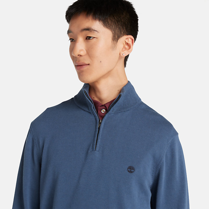 Jersey de algodón con cuarto de cremallera Williams River para hombre en azul-