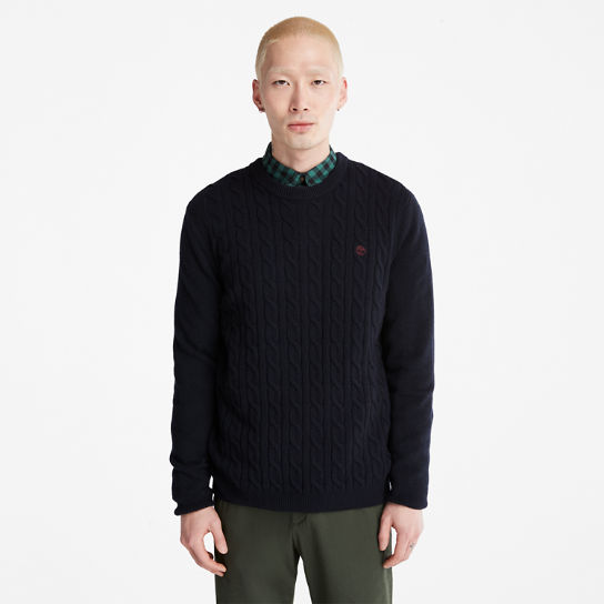 Men's Phillips Brook Wool-Blend Cable Crewneck Sweater in Navy | Timberland