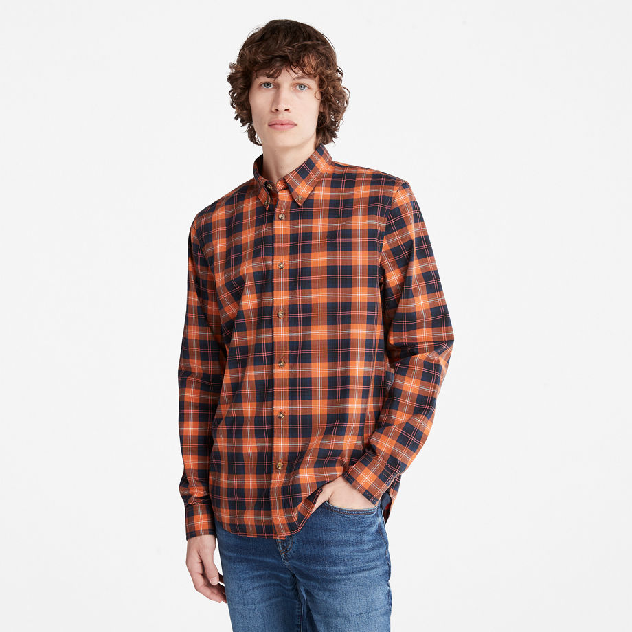 Timberland Eastham River Stretch Checked Shirt For Men In Brown Orange, Size L