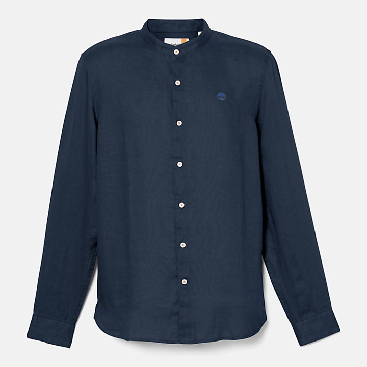 Camisa em Linho com Colarinho Estilo Coreano Mill Brook para Homem em azul-marinho-