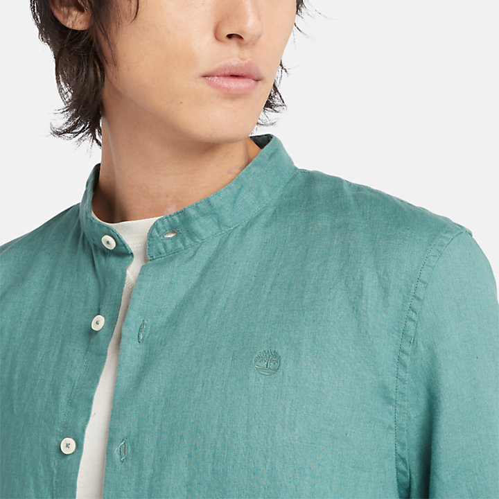 Mill Brook Korean-collar Linen Shirt for Men in Teal-
