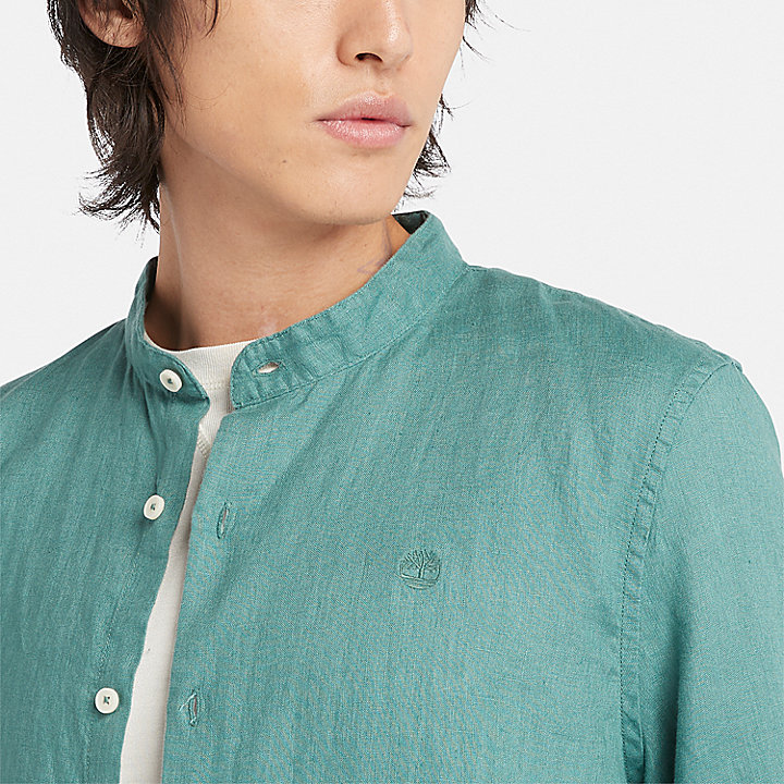 Mill Brook Korean-collar Linen Shirt for Men in Teal