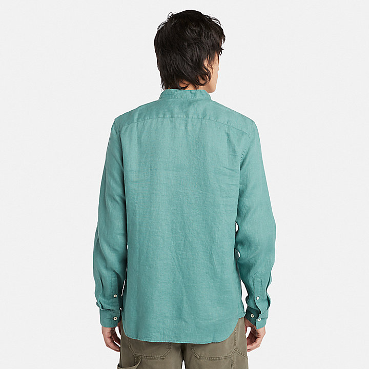 Camisa em Linho com Colarinho Estilo Coreano Mill Brook para Homem em azul-petróleo