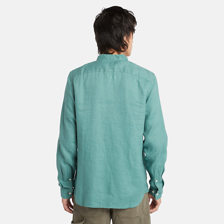 Camisa em Linho com Colarinho Estilo Coreano Mill Brook para Homem em azul-petróleo-